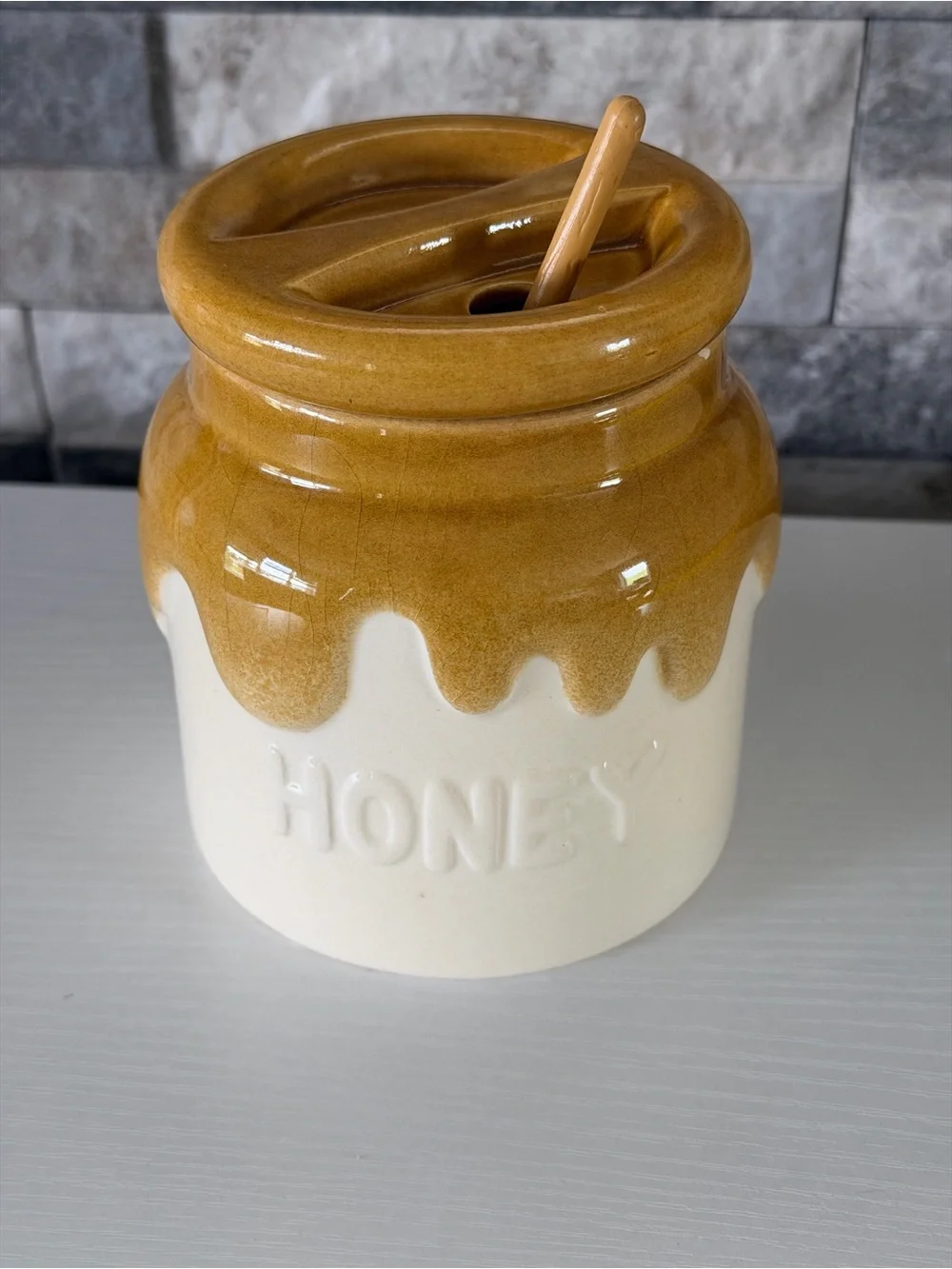 Vtg 1982 Teleflora Ceramic Honey Pot Jar With Lid & Dipper Handmade in Portugal